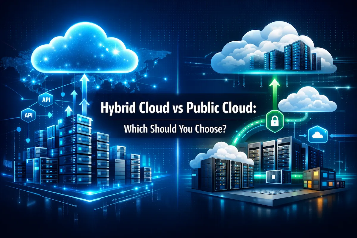 Enterprise comparison graphic showing Hybrid Cloud vs Public Cloud infrastructure with private data center connected to scalable public cloud platform in a strategic side-by-side layout.