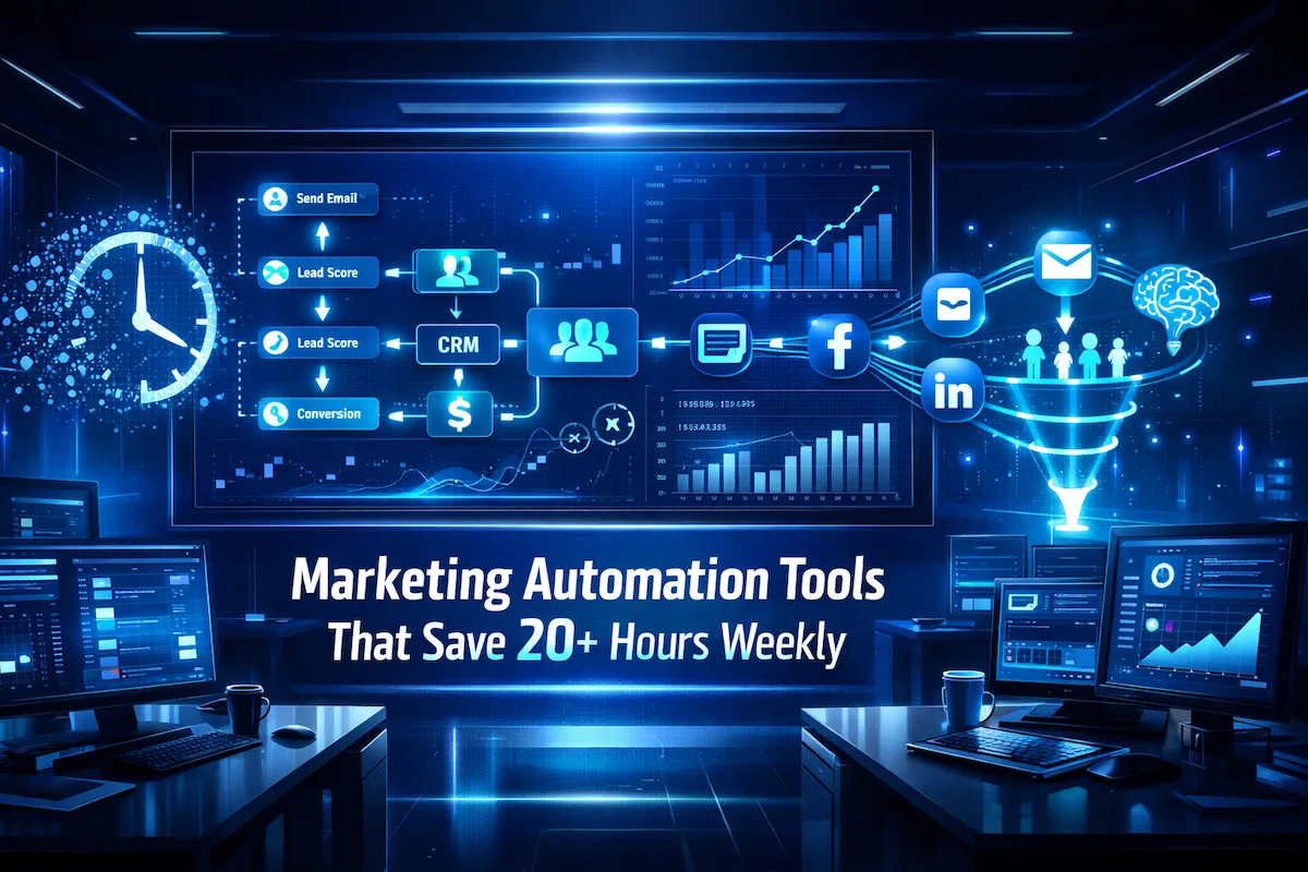Marketing automation tools dashboard with AI workflows saving time for businesses