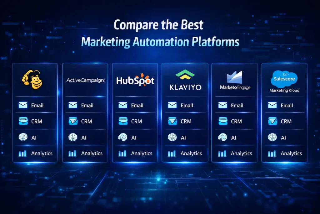 Comparison dashboard of best marketing automation tools with AI and CRM features