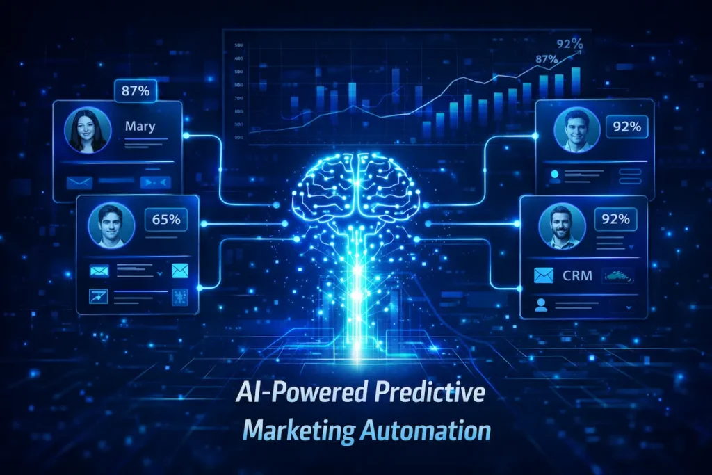 AI-powered predictive marketing automation analyzing customer data and optimizing campaigns