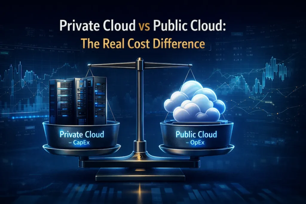 Private vs public cloud computing cost comparison illustration with balance scale showing CapEx and OpEx models.