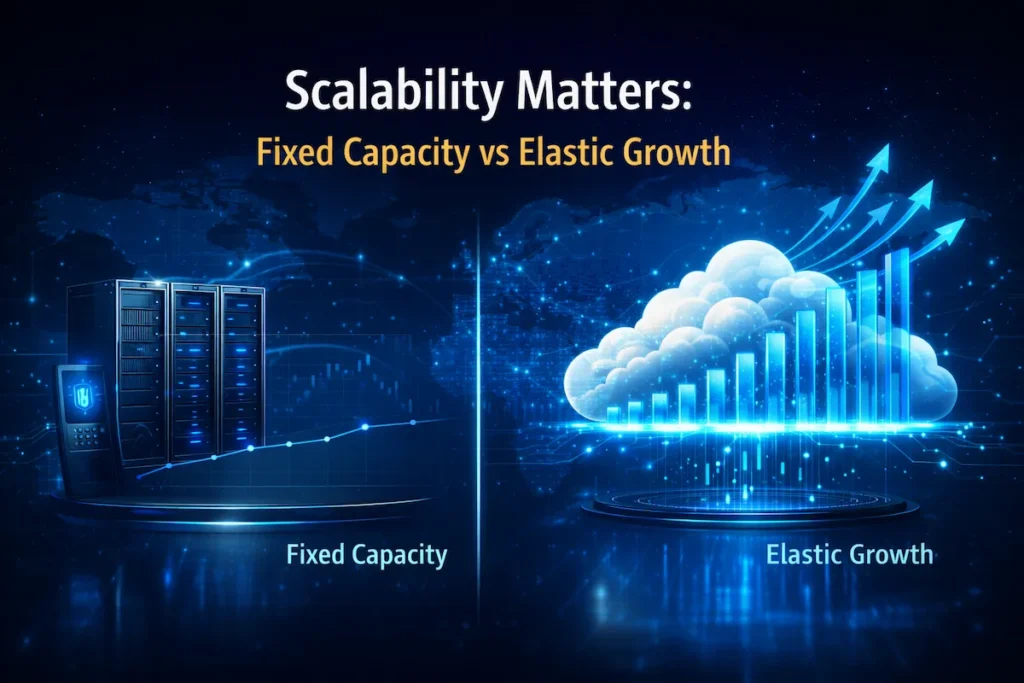A private vs. public cloud computing scalability illustration showing fixed private servers and elastic, expanding public cloud infrastructure.
