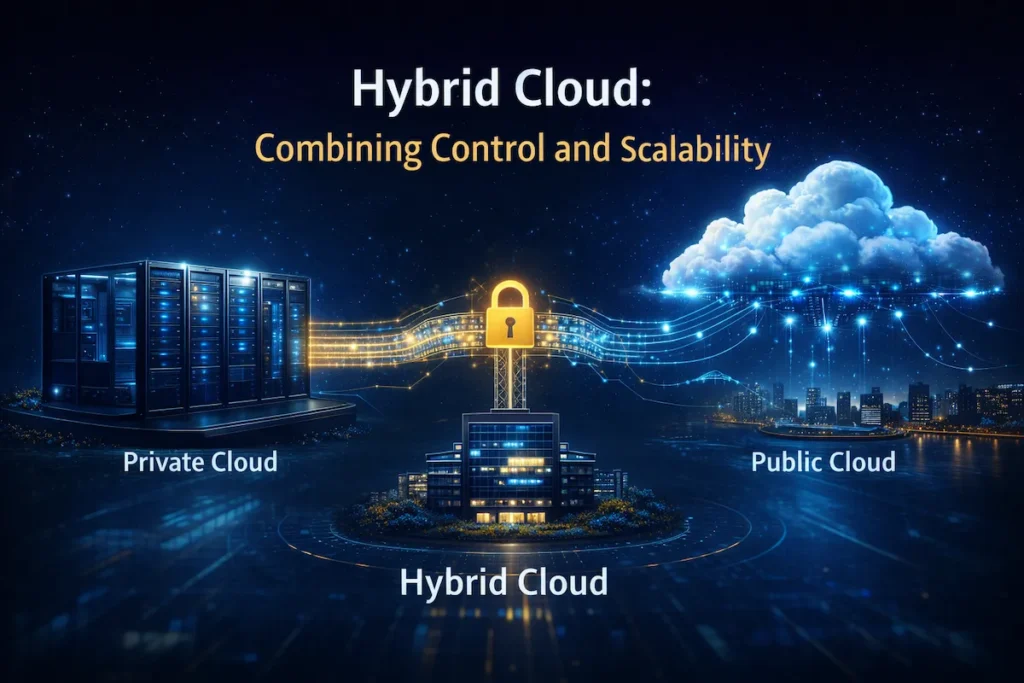 Hybrid strategy visual combining private and public cloud computing connected through a secure encrypted network bridge.