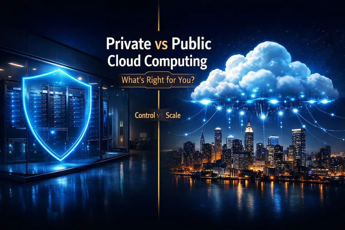A private vs. public cloud computing visual comparison showing dedicated data center on one side and scalable public cloud over a city skyline.
