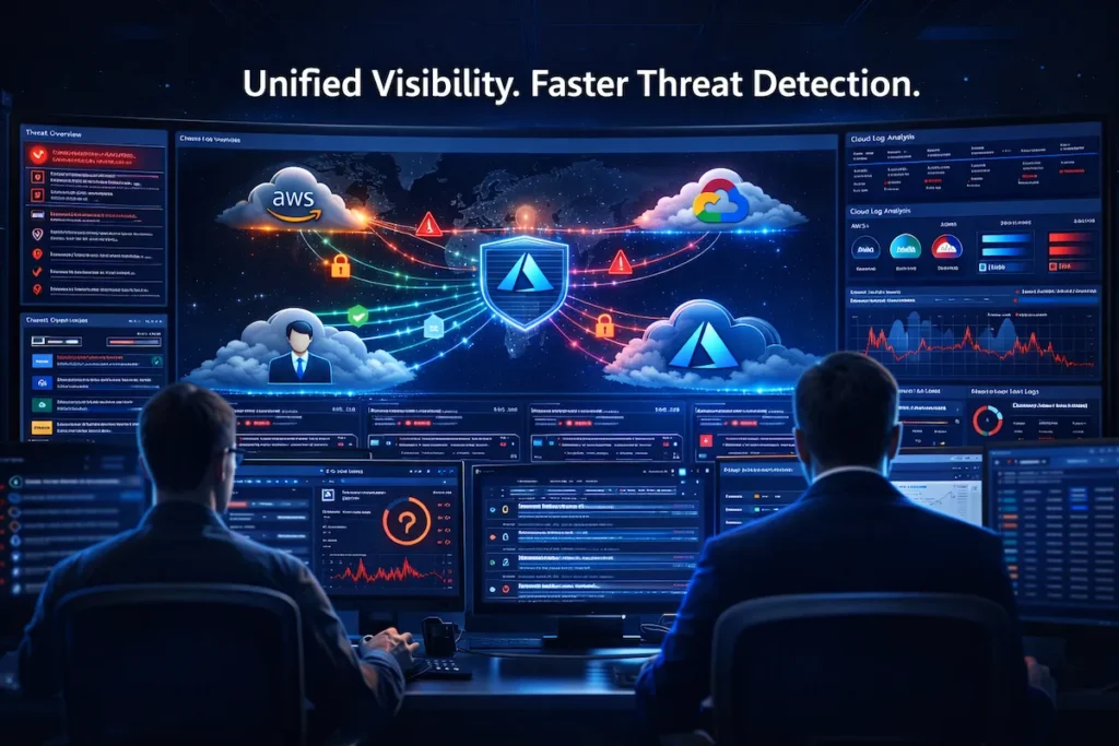Security operations dashboard combining logs and threat alerts from multiple cloud providers to detect cross-cloud security incidents.