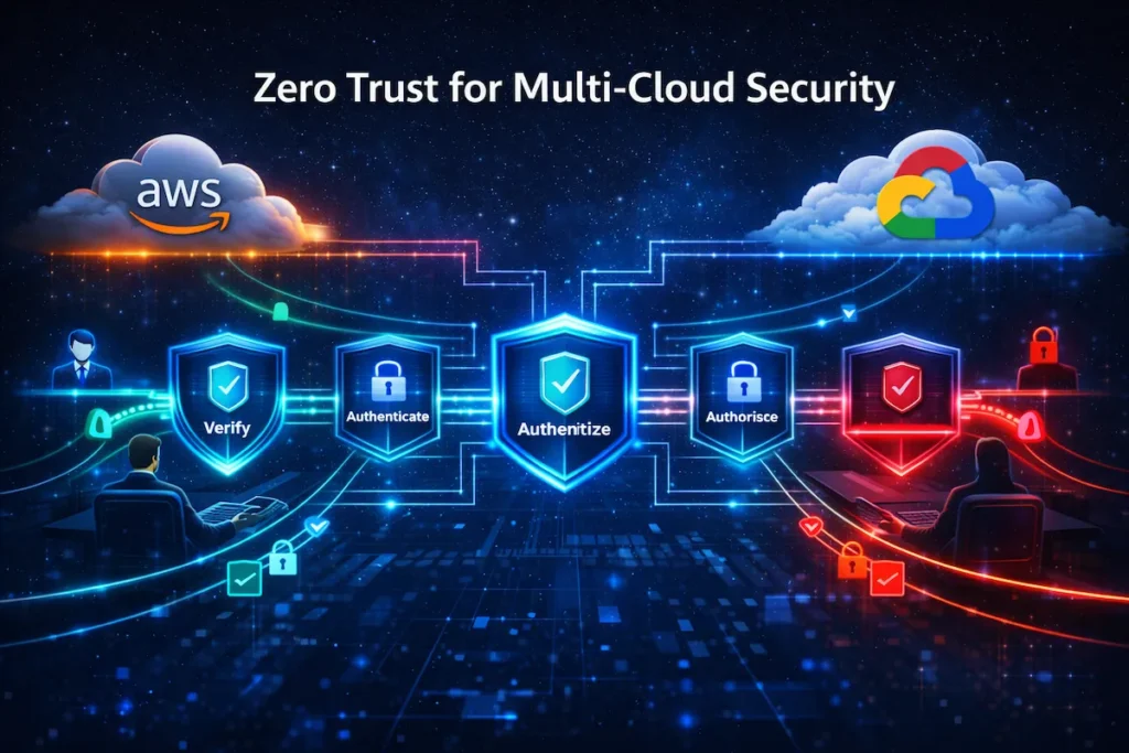 Enterprise illustration showing zero trust architecture verifying and authorizing every access request across multiple cloud environments.