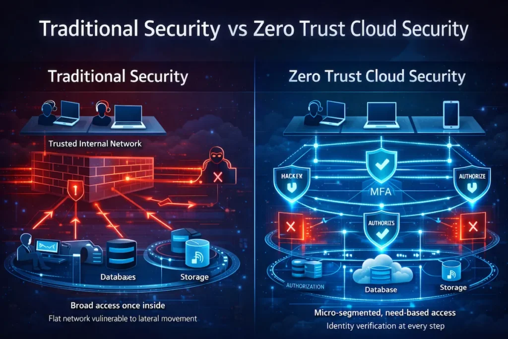 Comparison infographic showing traditional perimeter-based cloud security versus Zero Trust Cloud Security with micro-segmentation