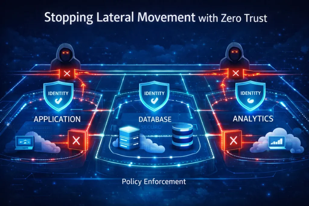 Micro-segmentation diagram illustrating how Zero Trust Cloud Security prevents lateral movement attacks across cloud workloads