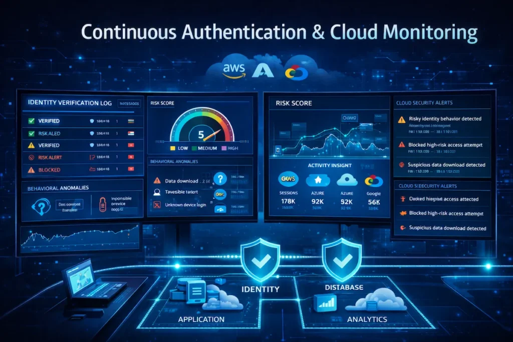 Zero Trust Cloud Security monitoring dashboard showing continuous authentication, risk scoring, and anomaly detection in a multi-cloud environment
