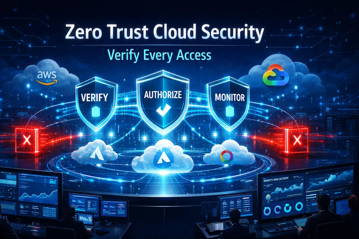 Zero Trust Cloud Security architecture illustration showing identity verification gateways protecting multi-cloud environments from unauthorized access