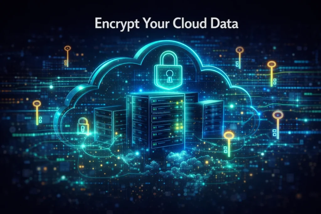 3D illustration of cloud servers with glowing encrypted data streams, highlighting encryption strategies for cloud security.