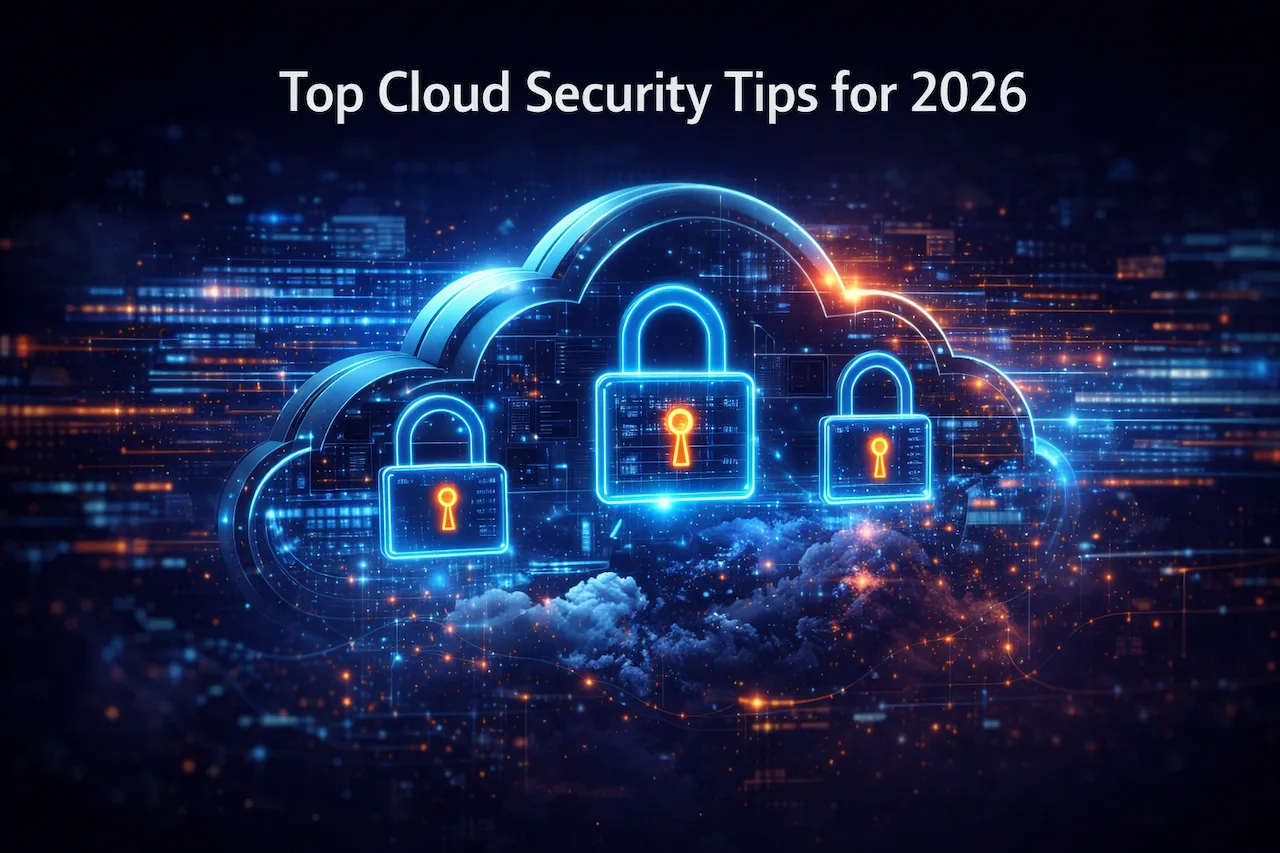 Illustration of a secure cloud network with glowing padlocks and holographic data streams, highlighting cloud security tips for 2026.