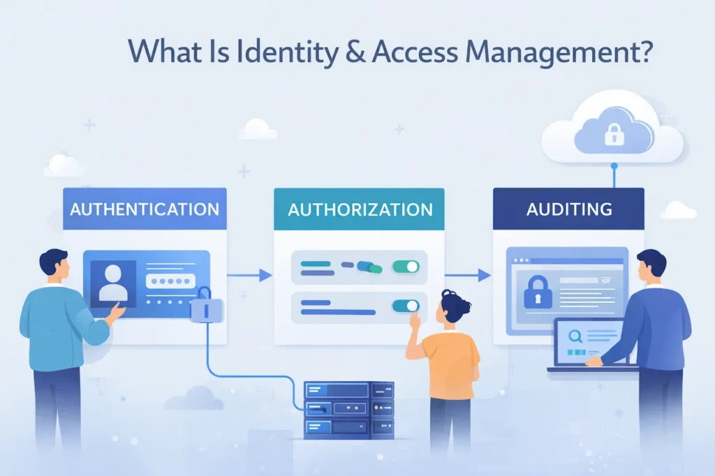 Visual explanation of identity and access management showing authentication, authorization, and auditing in cloud environments.