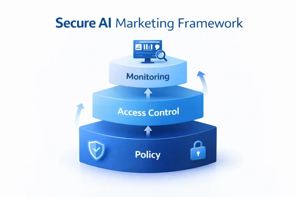 three-layer framework diagram showing policy, access control, and monitoring for secure AI marketing