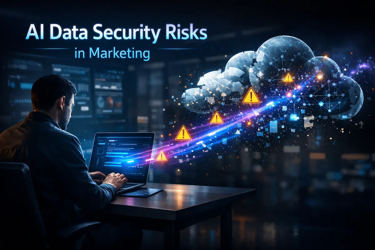 AI data security risks in marketing illustration showing data flowing from AI tools into exposed cloud systems