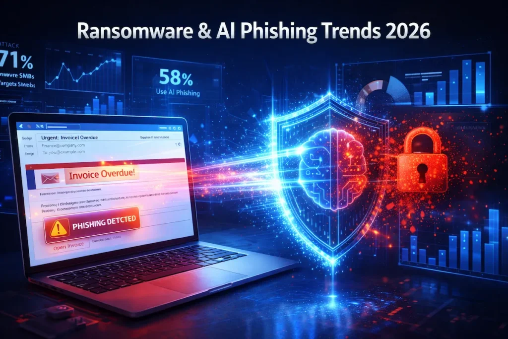 AI security system blocking ransomware and phishing attacks targeting a small business laptop in 2026.