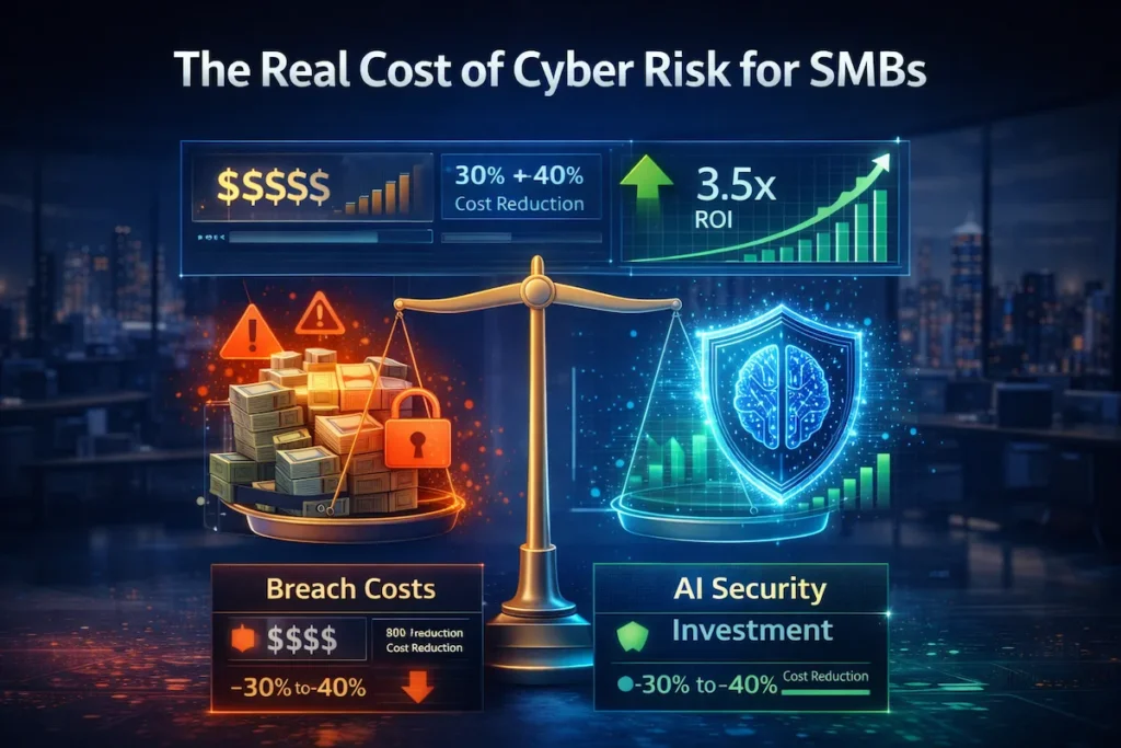 Financial comparison showing AI cybersecurity investment reducing breach costs for small businesses in 2026.