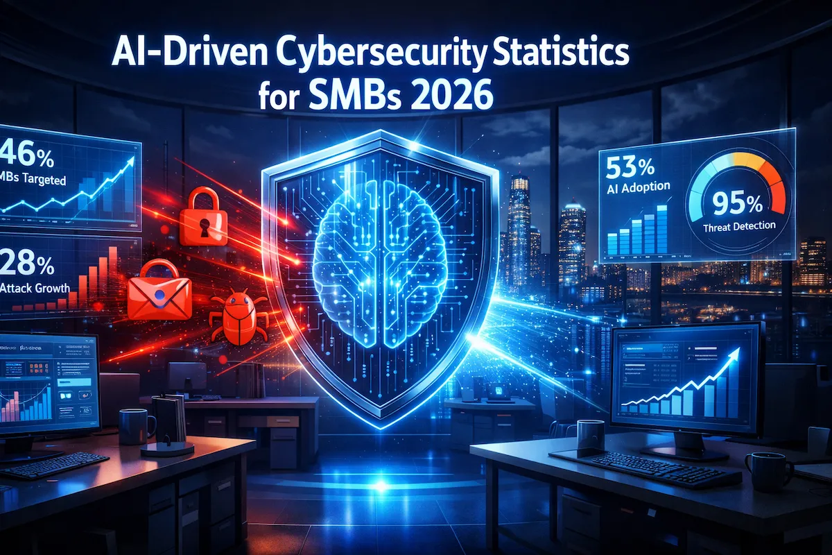 An AI-powered digital shield protecting a U.S. small business office with cybersecurity statistics dashboard for 2026.