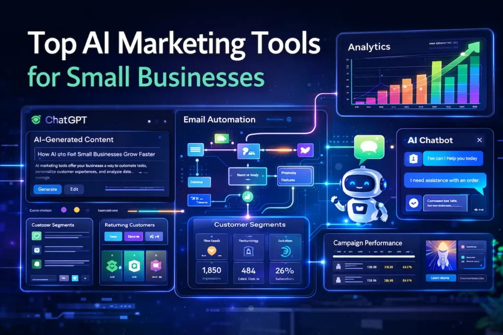 Digital marketing dashboard showing AI marketing automation tools used by small businesses to manage campaigns, analytics, and customer engagement.