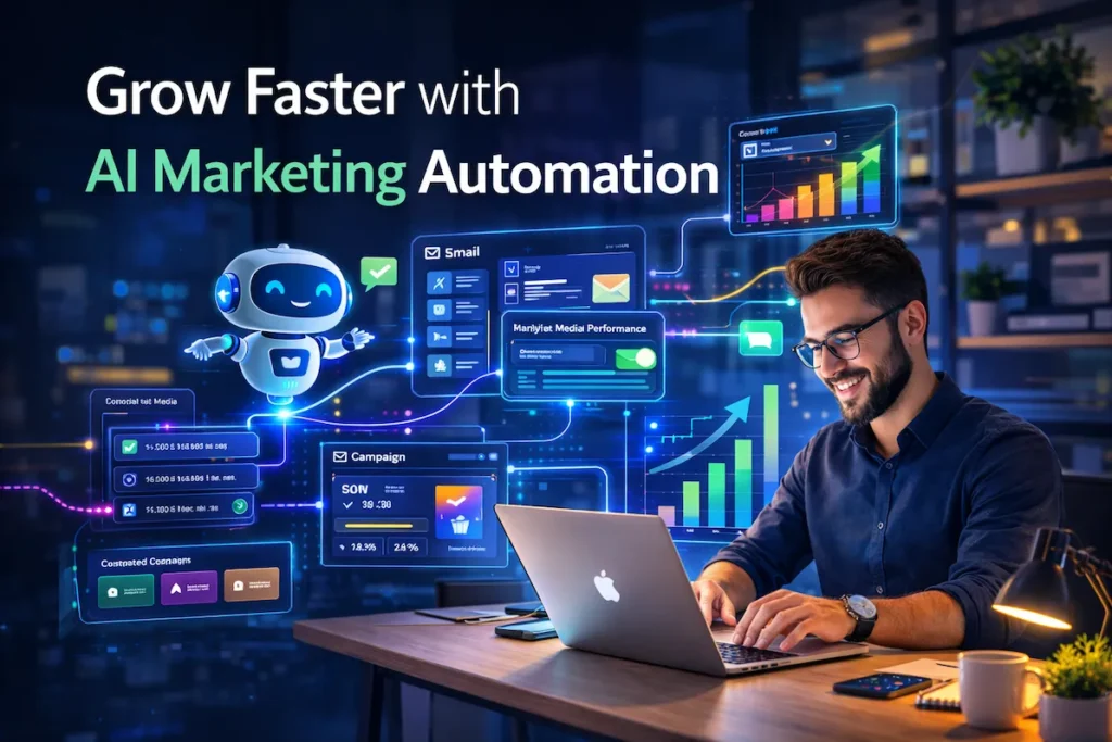 Small business owner using AI marketing automation tools to manage campaigns, emails, and analytics from a modern digital workspace.