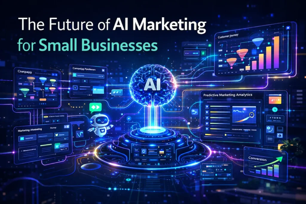 Futuristic AI marketing automation system managing automated campaigns, customer journeys, and analytics for small businesses.
