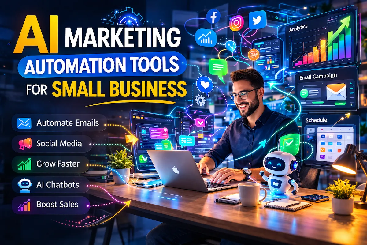 AI marketing automation tools for small business visualized with dashboards, automated workflows, and a business owner managing AI-powered marketing systems.