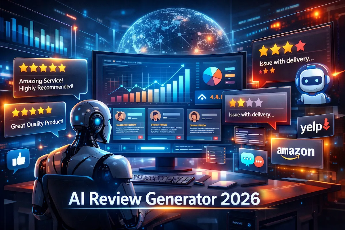 Futuristic digital workspace with AI analyzing customer reviews and social media feedback in a vibrant, high-tech environment.