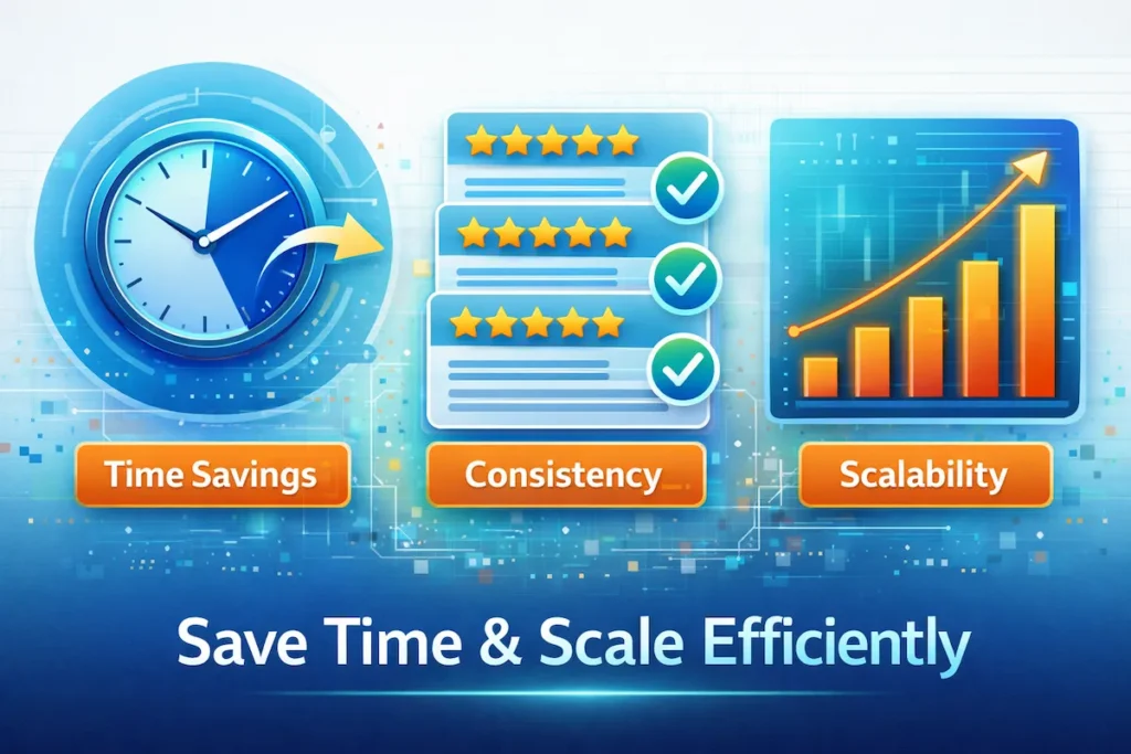 Diagram illustrating AI review generator benefits: time-saving, scalability, and consistent output for businesses.