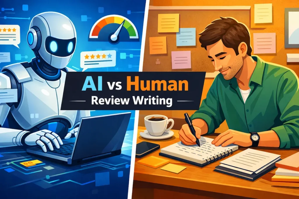 Split illustration showing AI rapidly generating reviews versus a human writing detailed testimonials by hand.