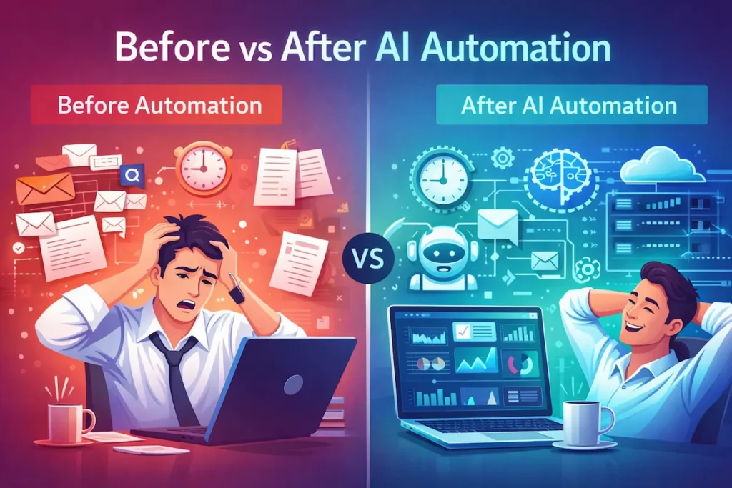 comparison of manual workload vs AI automation efficiency in online business