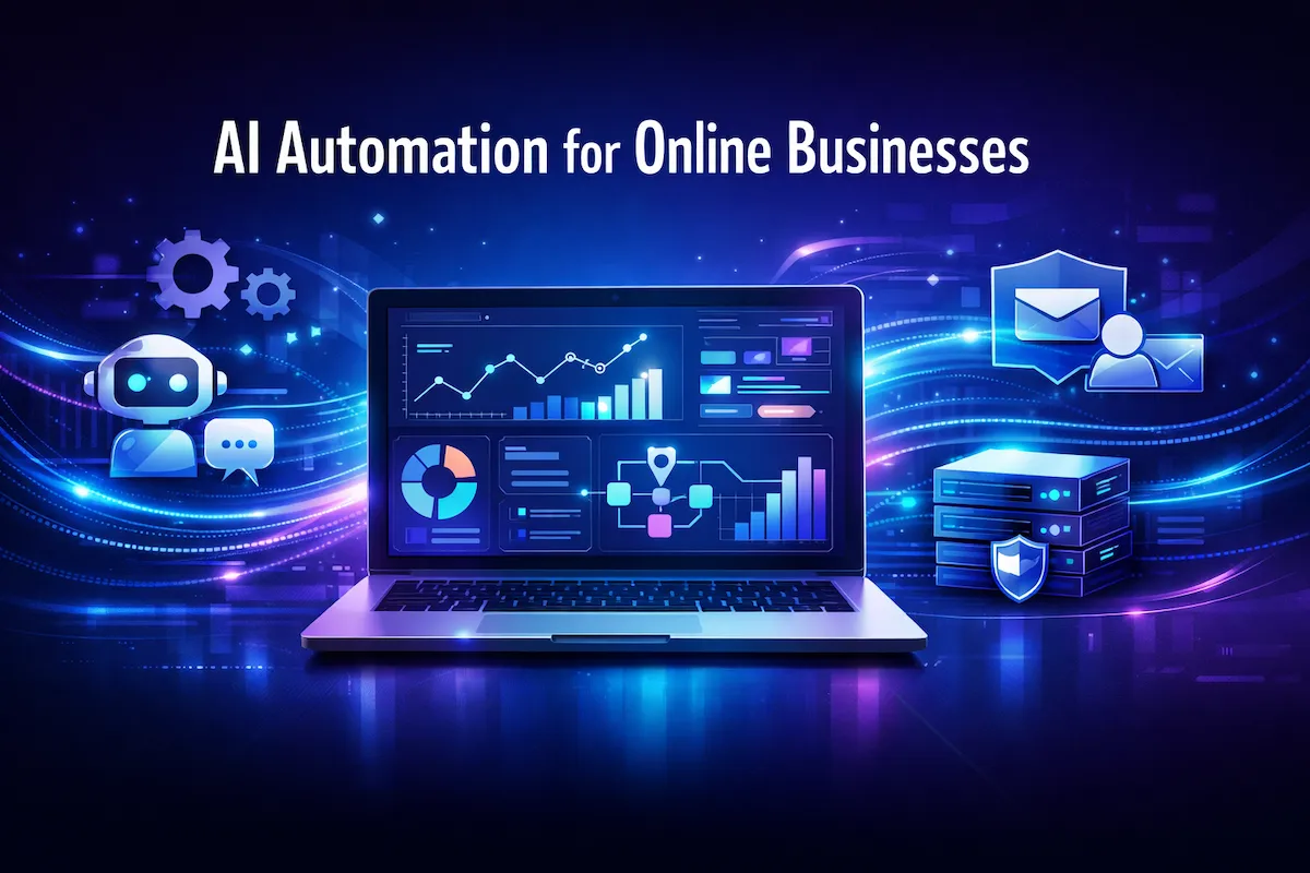AI automation for online businesses workflow visualization with dashboards and data flow