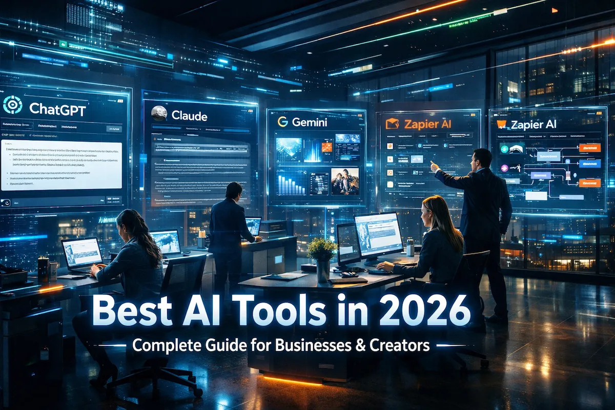 High-tech office scene with holographic AI tool dashboards, futuristic workspace, and professionals collaborating using AI software like ChatGPT and Claude.