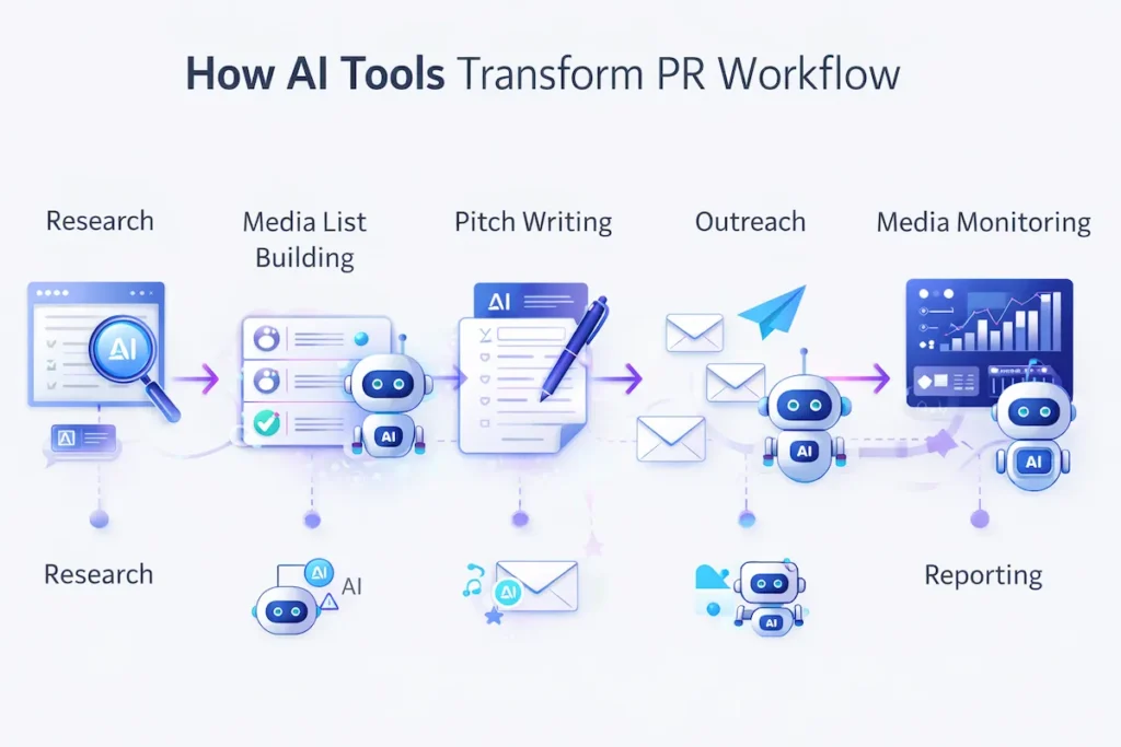 AI tools for public relations workflow diagram showing automation from research to reporting