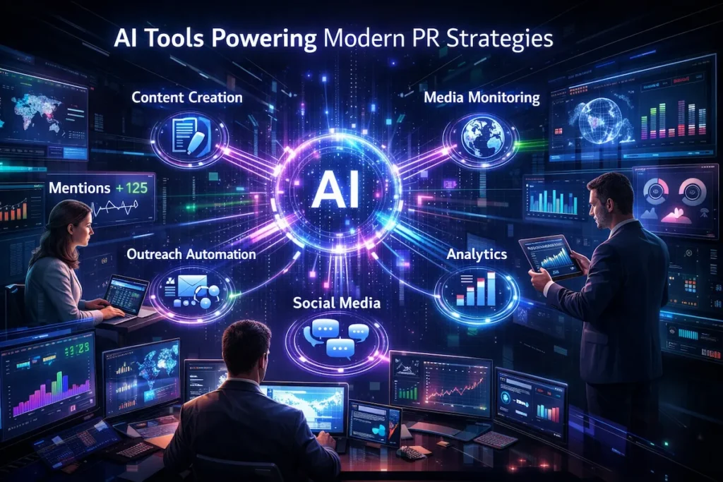 summary infographic of best AI tools for public relations by category including outreach monitoring and content creation