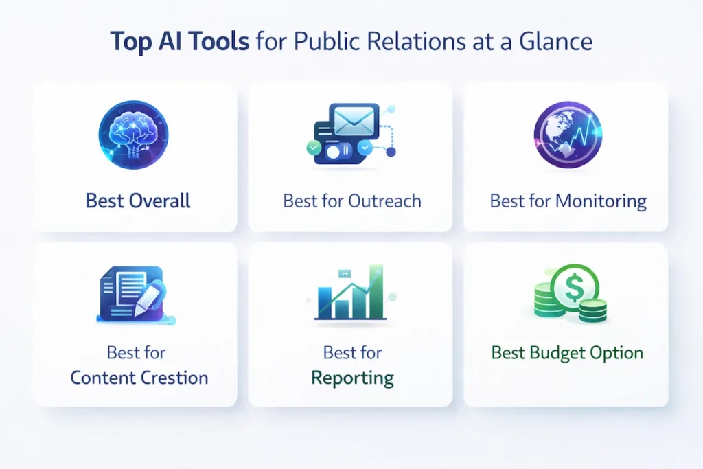 AI tools for public relations ecosystem showing connected tools for monitoring outreach content and analytics