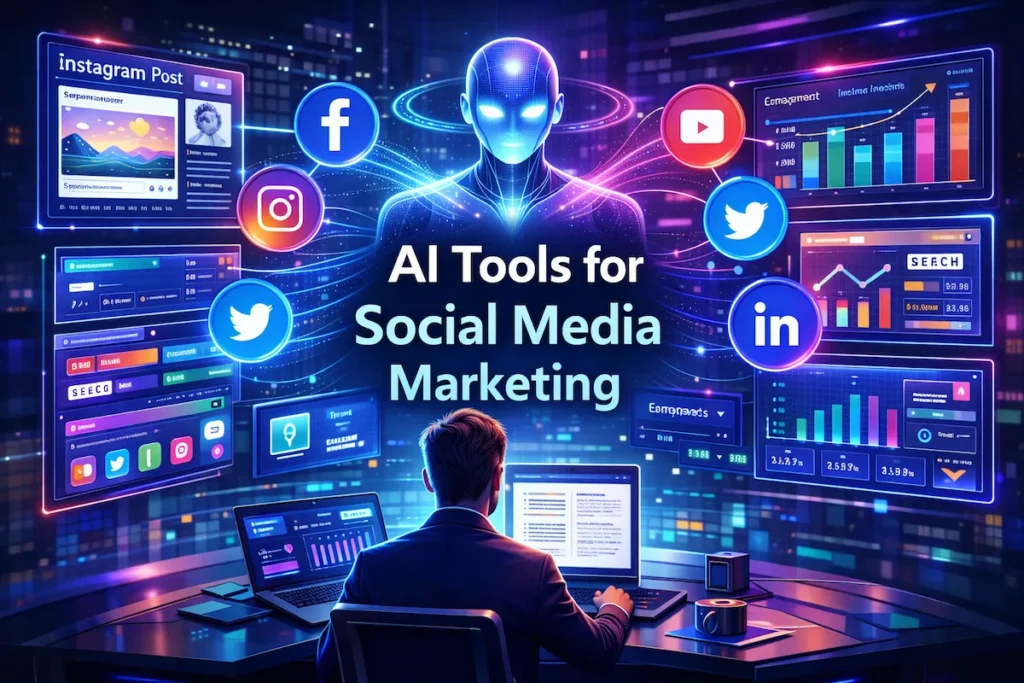 AI tools creating and scheduling social media posts with analytics dashboards for digital marketing campaigns.