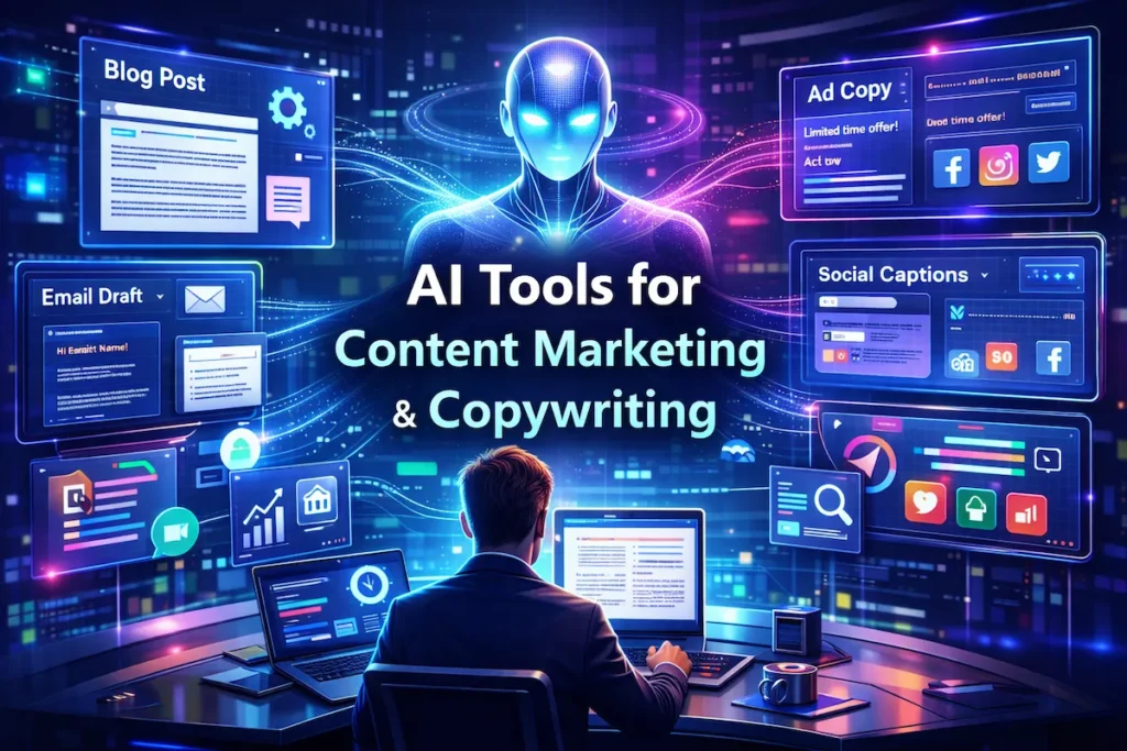 AI SEO tools analyzing keyword data, traffic analytics, and search rankings for digital marketing optimization.