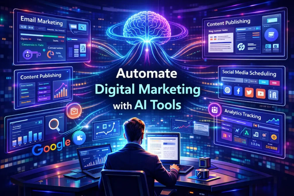 AI marketing automation system connecting email marketing, social media, analytics, and content publishing workflows.