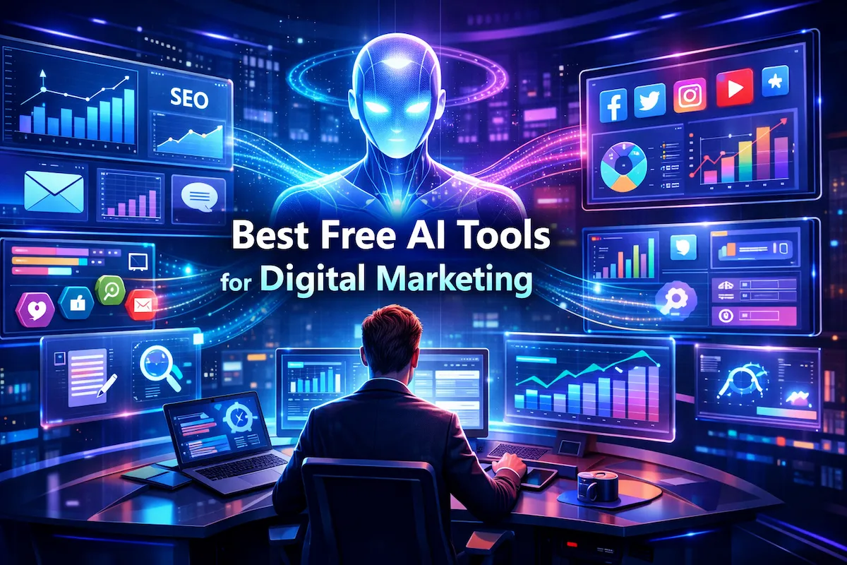 Best free AI tools for digital marketing visual showing AI dashboards, marketing automation, and analytics tools connected in a futuristic workspace.