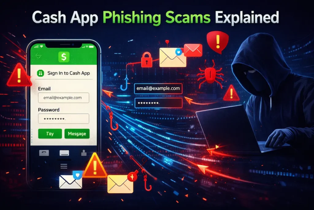 cash app phishing scams targeting users: cybersecurity illustration