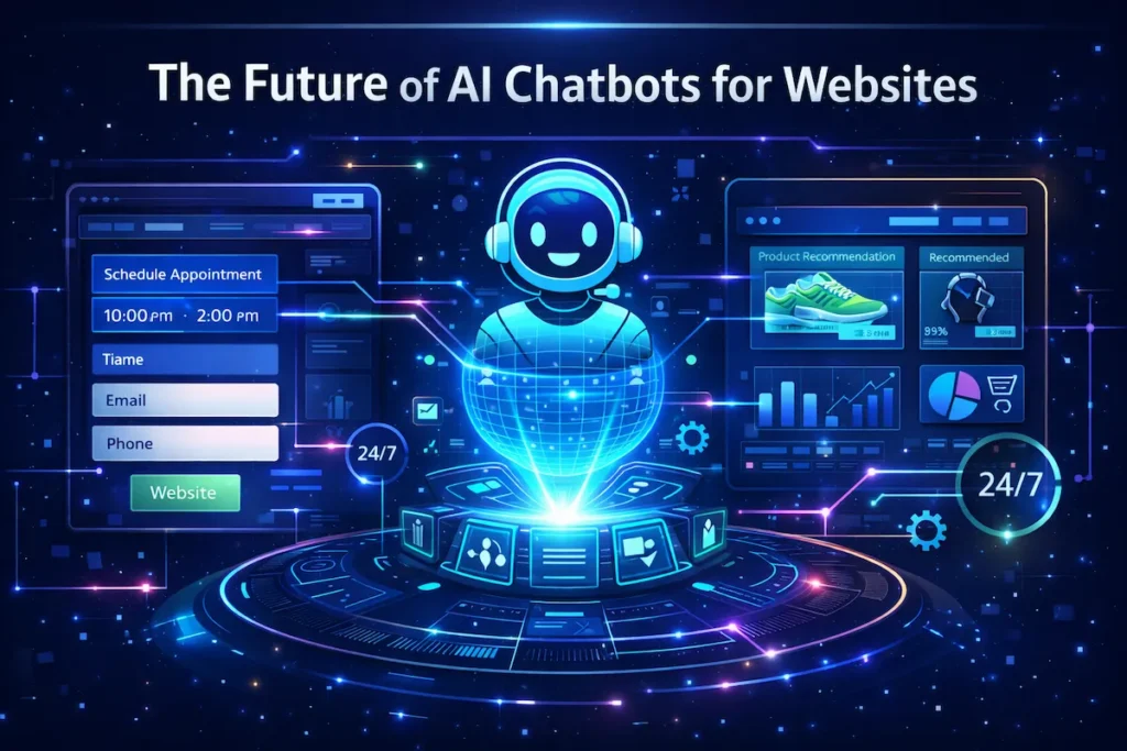 Futuristic conversational AI chatbot managing automated tasks on a modern website dashboard.