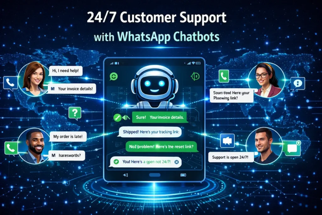 AI customer support chatbot answering WhatsApp messages instantly to provide automated customer service.