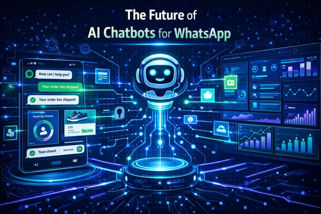 Futuristic AI chatbot managing WhatsApp conversations, ecommerce automation, and customer engagement.