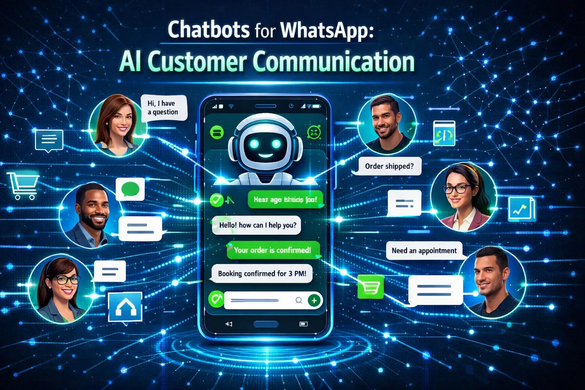 AI chatbot automatically responding to multiple customers in WhatsApp messaging interface representing chatbots for WhatsApp automation.