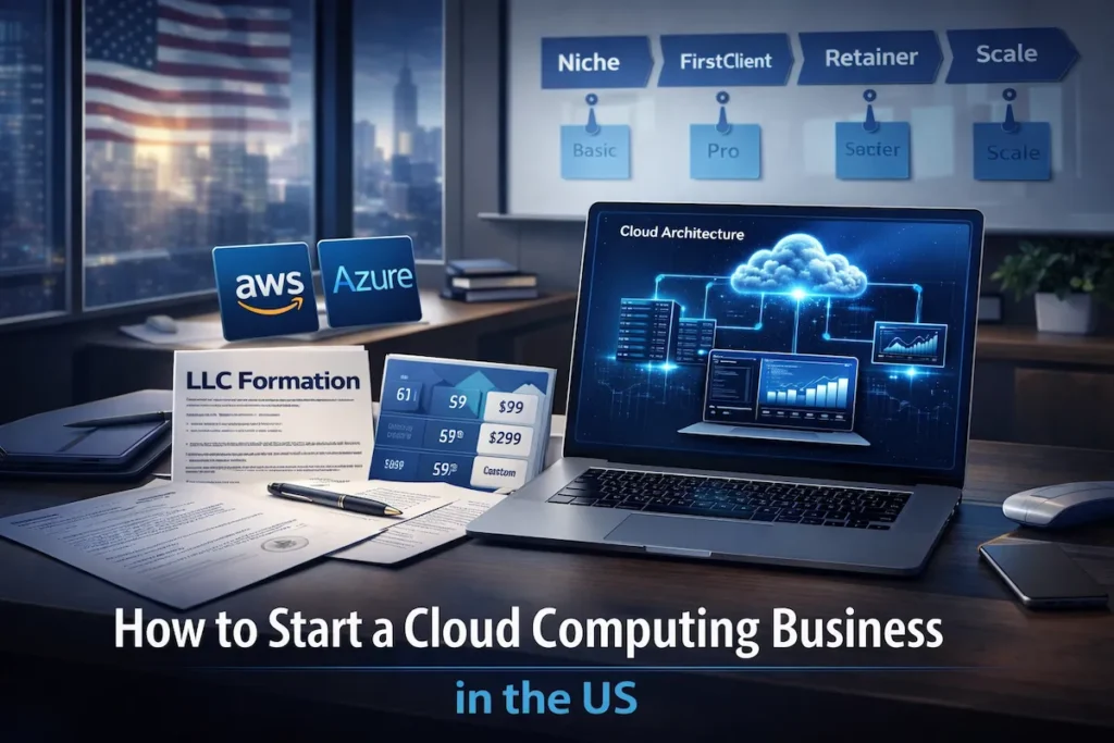 Professional workspace illustration showing roadmap and certifications for starting a cloud computing business in the US.