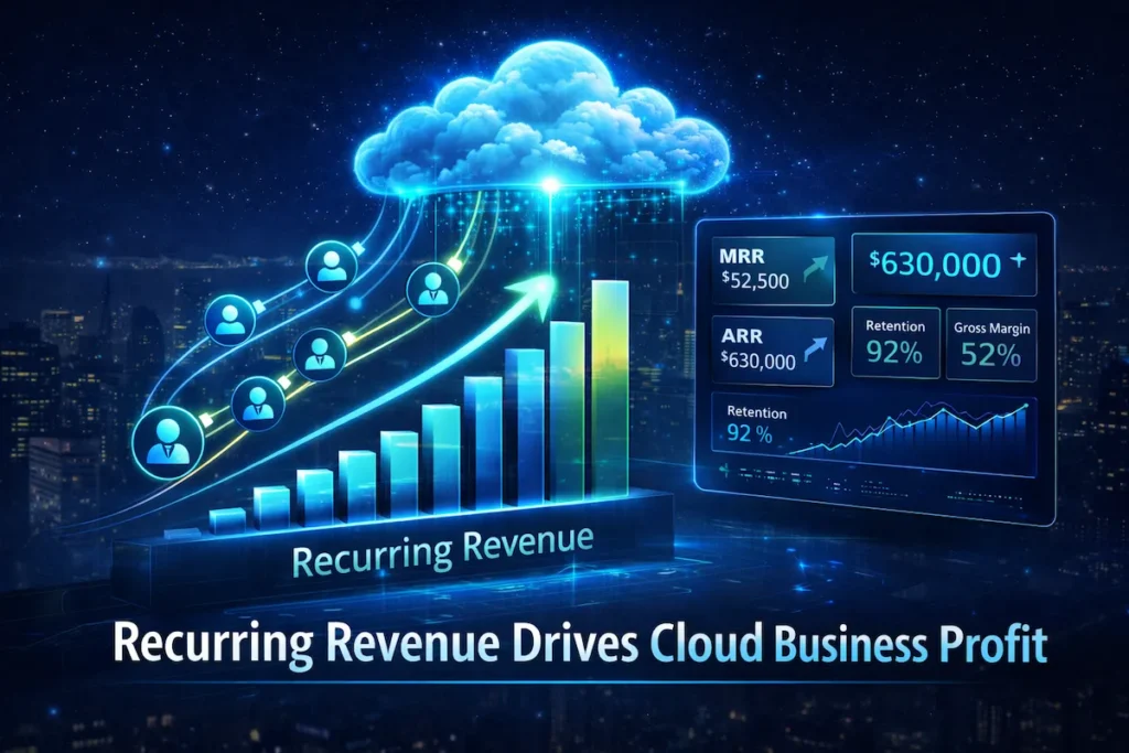Digital financial dashboard showing recurring revenue growth for a cloud computing business.