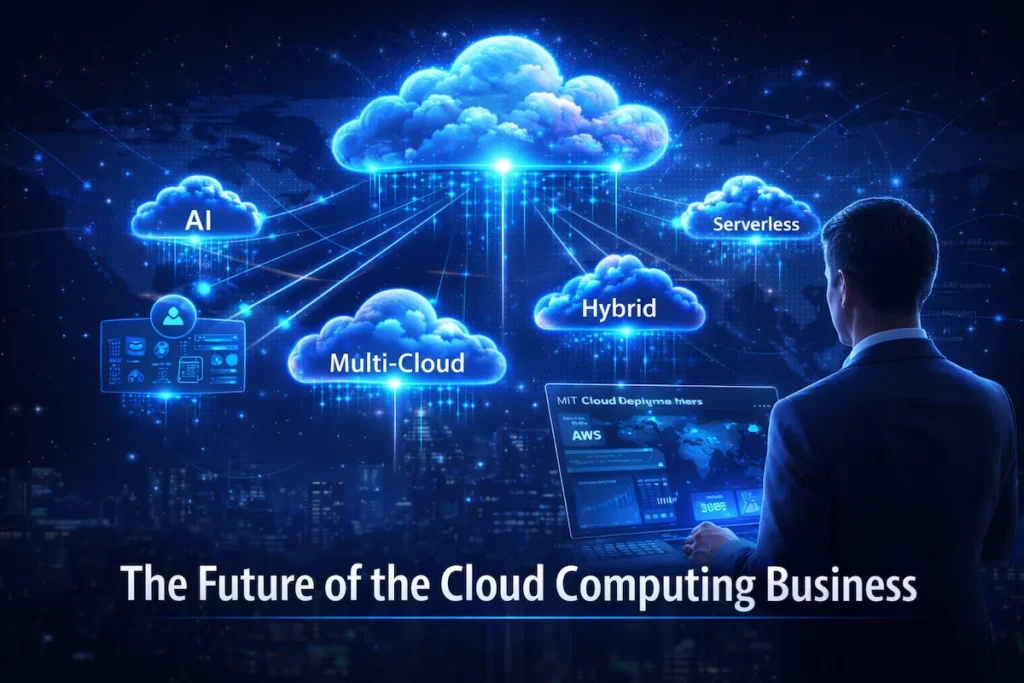 Futuristic illustration of AI, multi-cloud, and serverless technologies shaping the future of the cloud computing business.