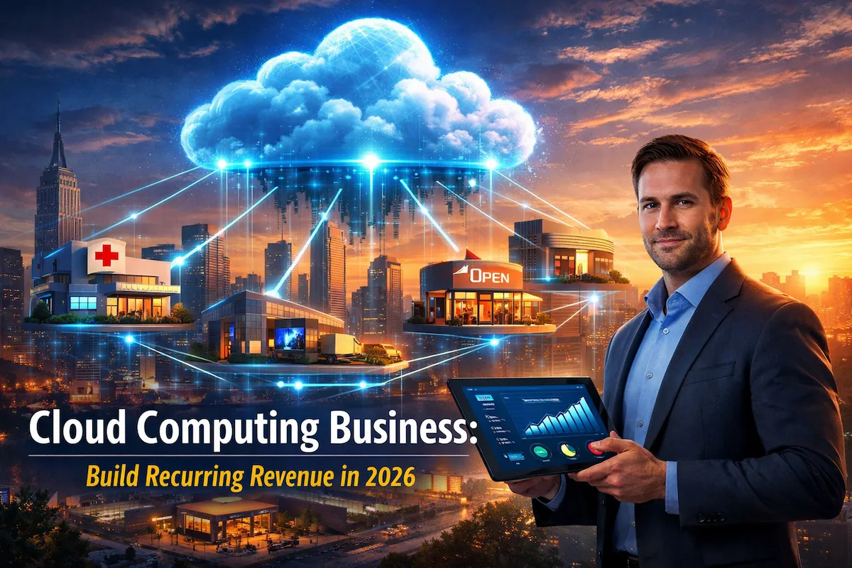 Futuristic illustration of a cloud computing business connecting US companies to digital cloud infrastructure with analytics dashboard.