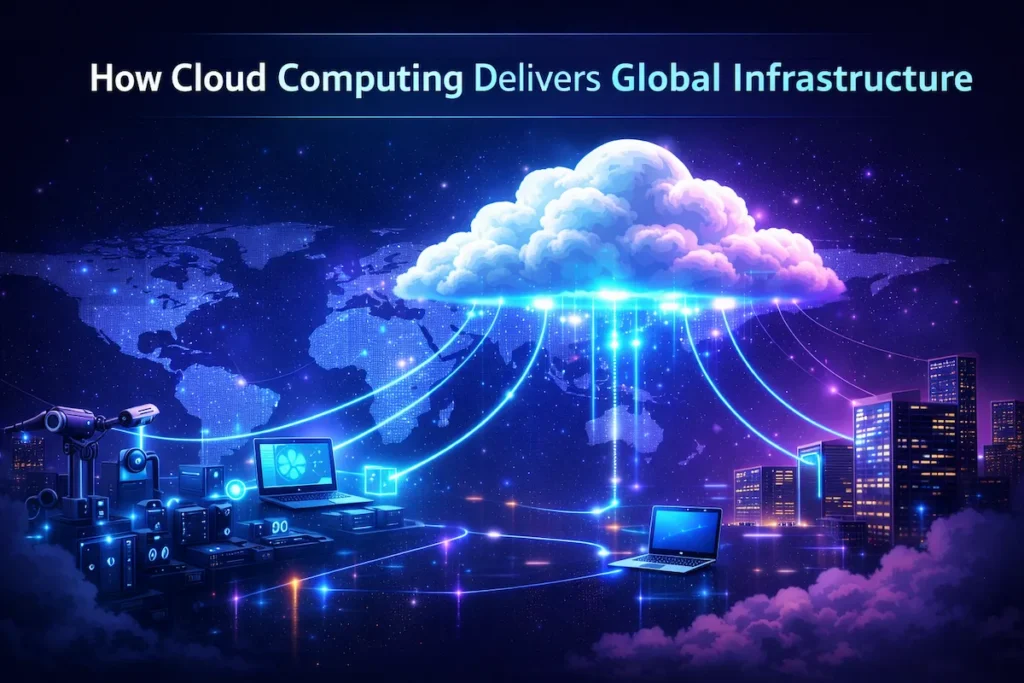 Cloud computing infrastructure diagram showing centralized data centers serving global devices and businesses.