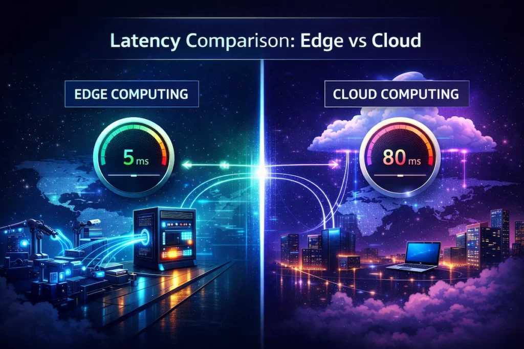 Edge vs. cloud latency comparison showing faster local processing with edge computing.